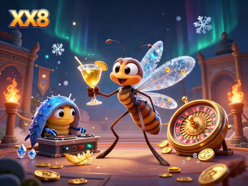 Experience thrilling casino magic with XX8, featuring a frozen mosquito mascot and golden roulette wheel.