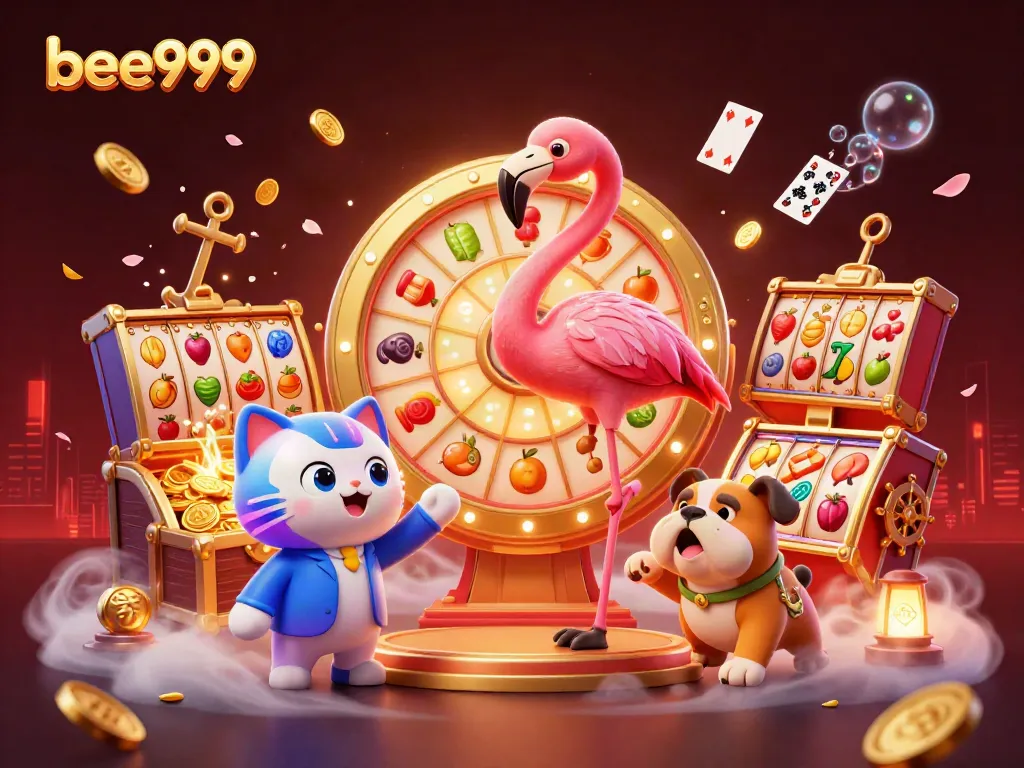 Experience the exciting atmosphere of bee999 with vibrant slot reels, colorful coins, and animated characters.