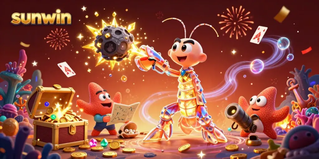 Experience thrilling wins at Sunwin with vibrant casino-themed characters amidst golden treasures.
