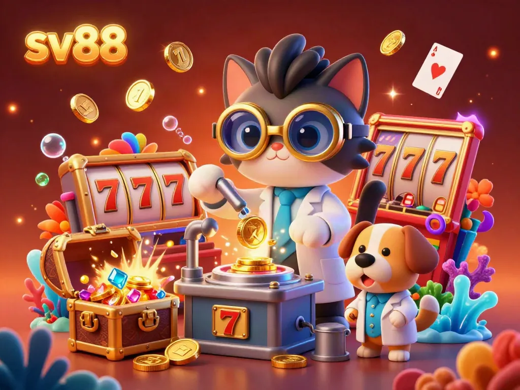Engage with sv88's thrilling casino experience through a lively 3D illustration of a cat scientist creating gold coins amid vibrant gaming elements.