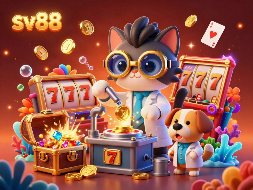 Engage with sv88's thrilling casino experience through a lively 3D illustration of a cat scientist creating gold coins amid vibrant gaming elements.