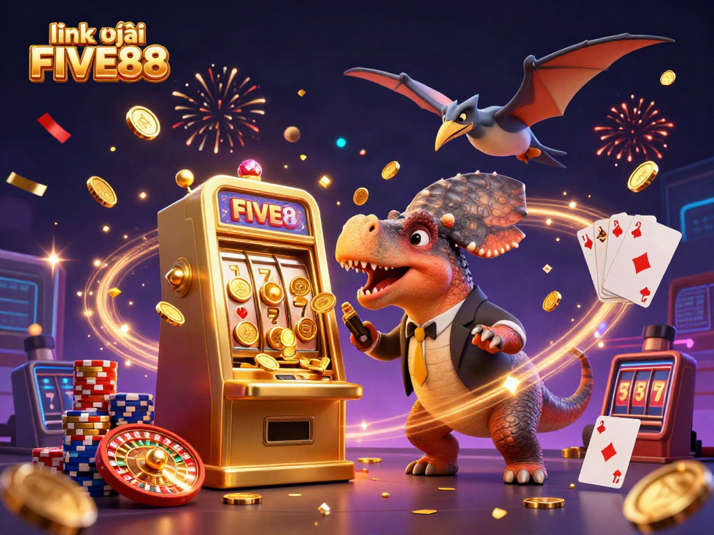 Experience excitement at link vào FIVE88 as dinosaurs celebrate casino wins with coins and jackpots.