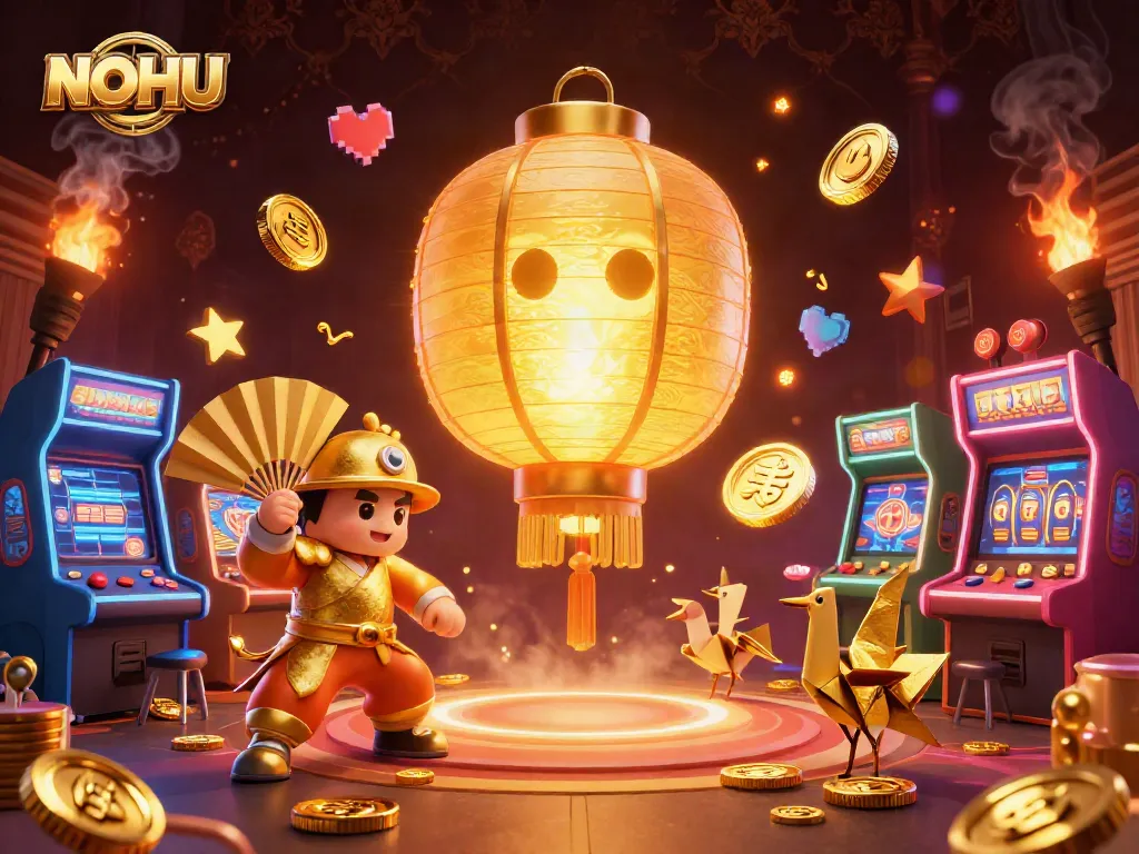 Engaging NOHU illustration showing a golden lantern spirit and lucky symbols amidst vibrant gaming elements and slot reels.