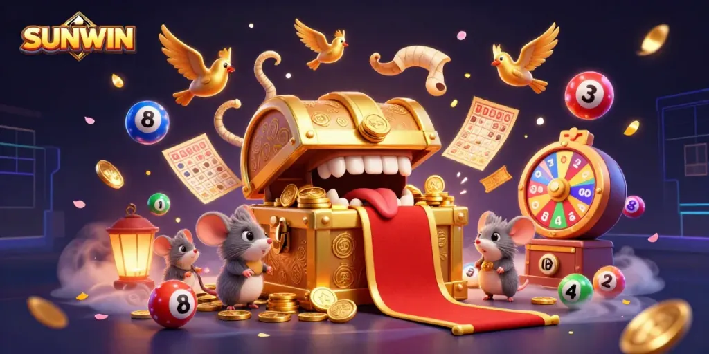 SUNWIN lures players with golden treasures and vibrant game elements in a dynamic 3D casino illustration.