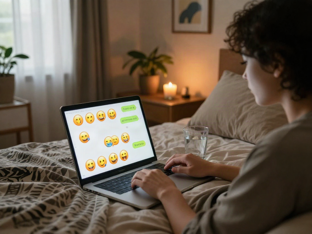 Engaged in ai sexting using a laptop in a cozy bedroom setting with warm lighting.