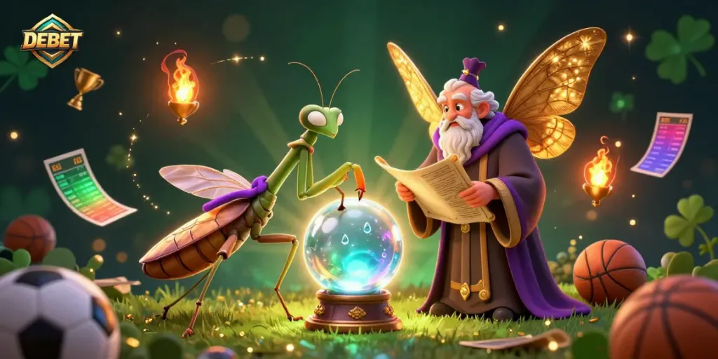 Engage with DEBET's dynamic sports betting scene featuring a fortune teller and librarian amidst vibrant game elements.