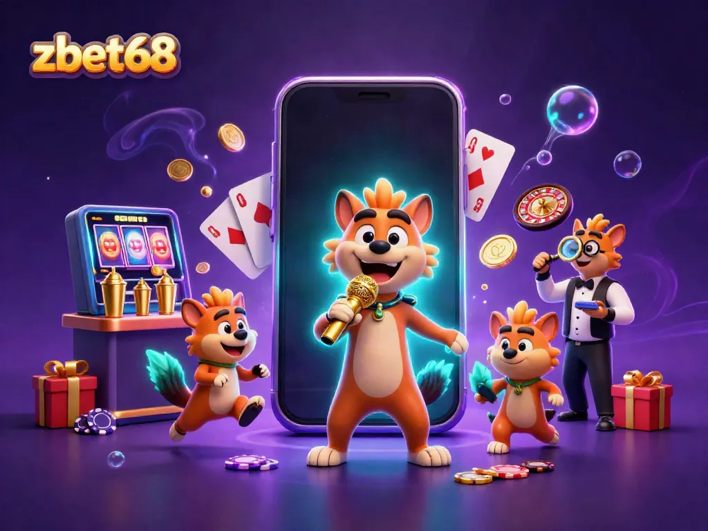 Hyenas entertain in a vibrant casino scene featuring zbet68, with games and laughter.