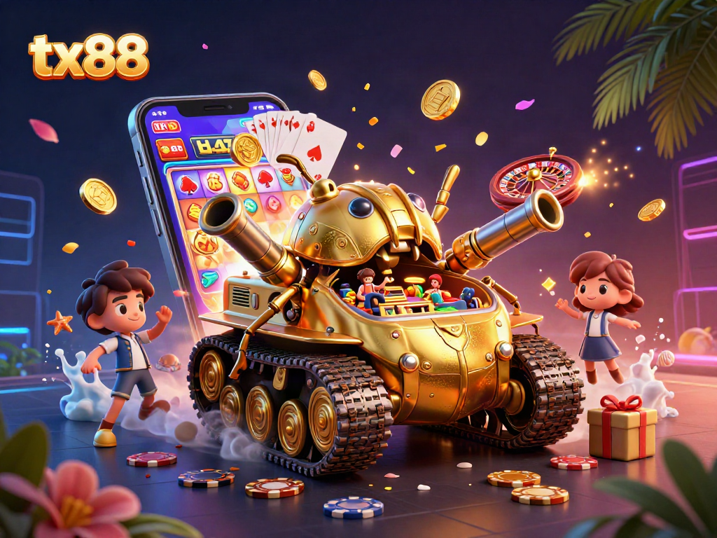 Experience tx88's vibrant gaming world with a golden beetle tank revealing a mini casino