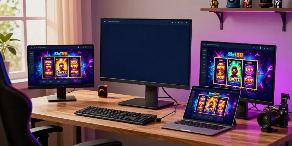 Engaging SERIBUTOTO daftar scene with slot games on mobile and tablet, showcasing vibrant gaming atmosphere.