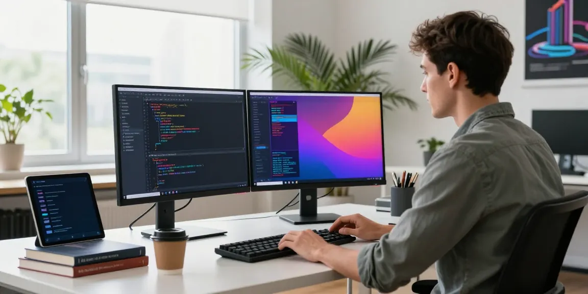LLM API provider developer coding in a modern workspace with dual monitors and API references.