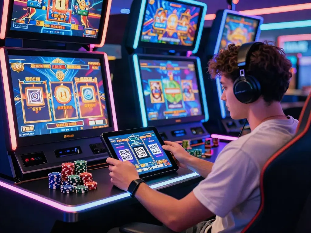 Engaging gaming atmosphere showcasing slot QRIS interface on tablet, colorful chips, and neon lights.