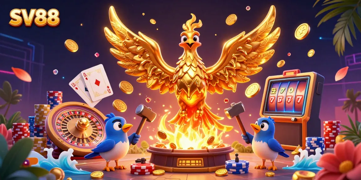 Experience the excitement of SV88 with a vibrant 3D phoenix and casino elements, capturing thrilling gaming moments.