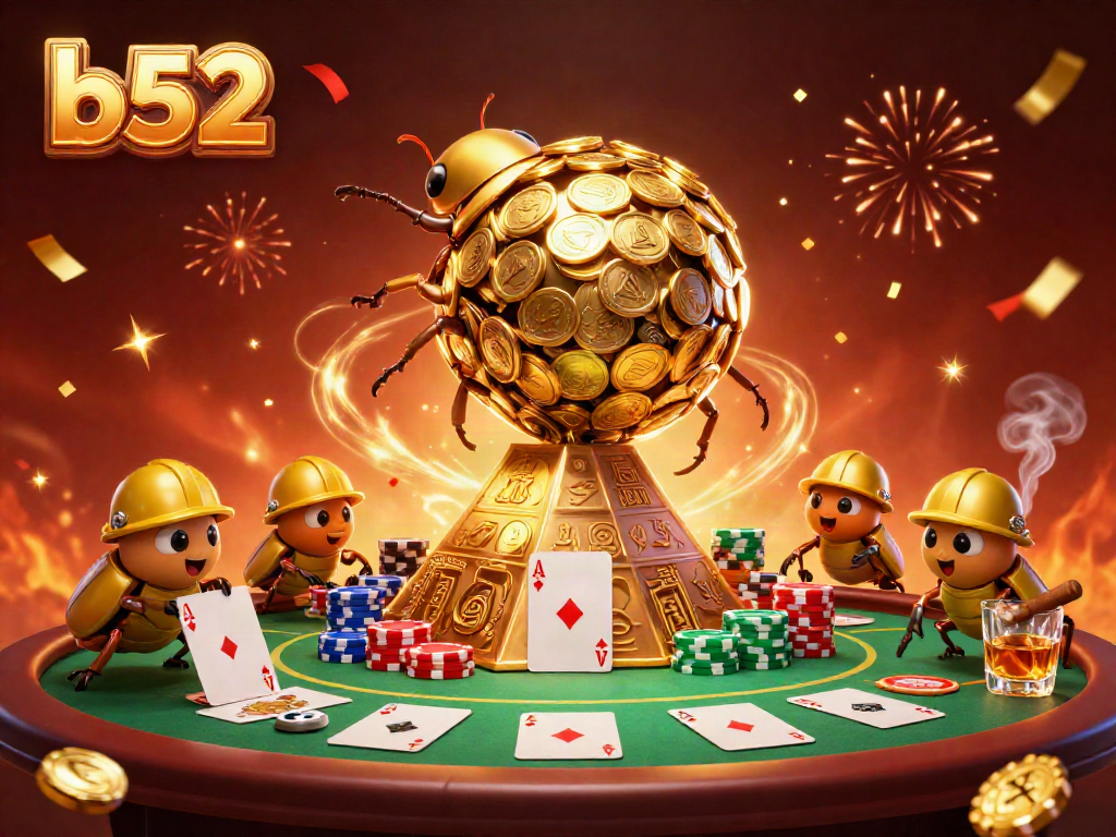 Engage in thrilling action at b52 with a golden dung beetle showcasing iconic casino elements in a vibrant 3D scene.