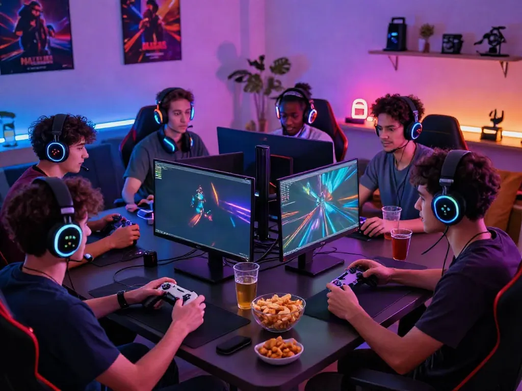 Diverse gamers enjoying kilat404 online games in a vibrant setup