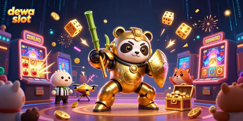Experience thrilling wins at dewa slot with a vibrant 3D casino scene featuring winning symbols and characters.