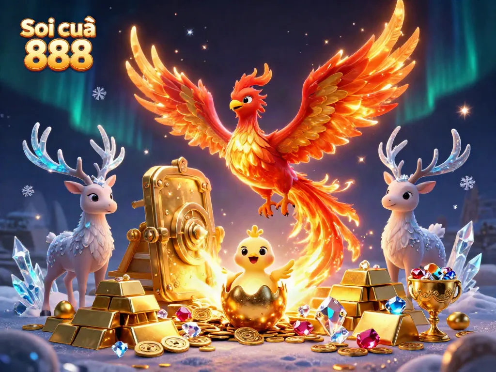 Soi cầu 888 scene illustrating a fire phoenix, a hatching chick, and a stag amidst treasure, conveying excitement.