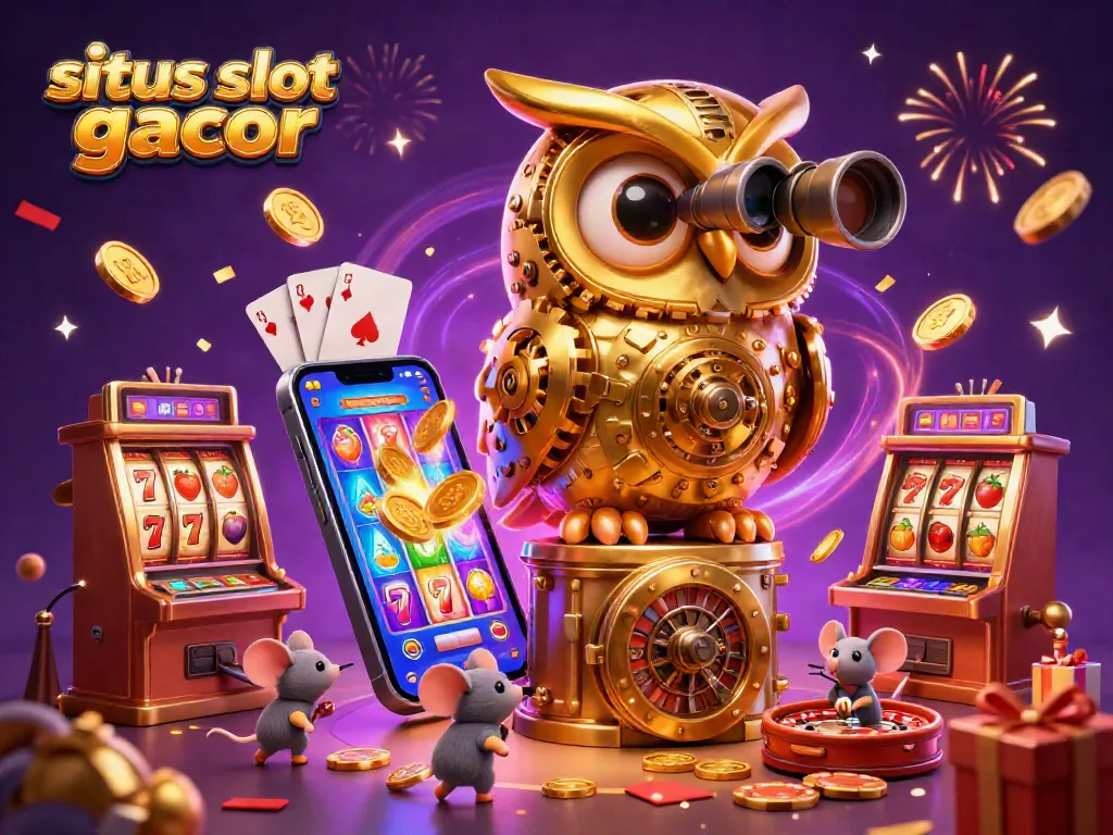 Experience excitement at situs slot gacor with a lively casino scene featuring interactive slot reels and characters.