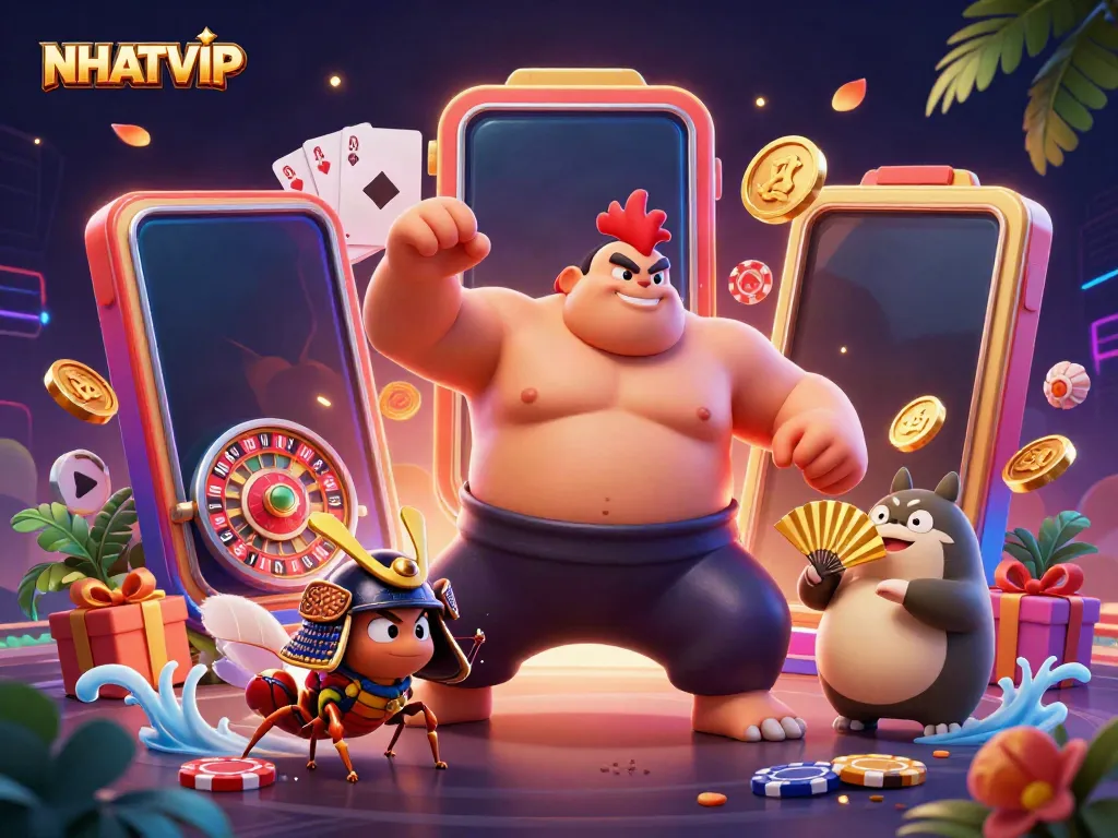 Experience the thrill of NHATVIP with a vibrant casino-themed illustration featuring unique characters and gaming elements.