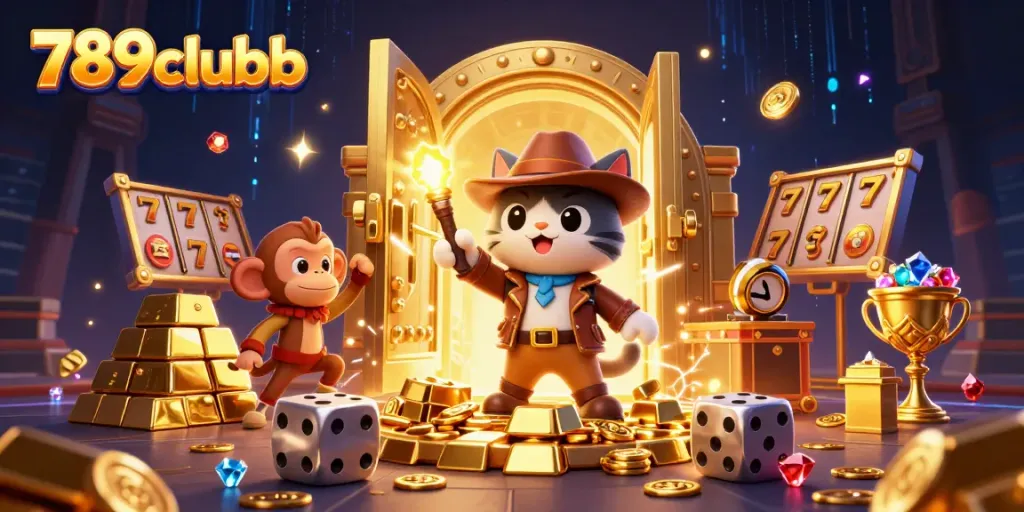 Unleash winnings at 789clubb with a cat explorer discovering casino treasures.
