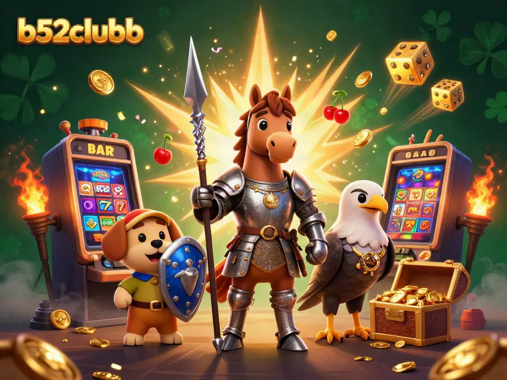 Experience the excitement of b52clubb with a vibrant scene of knights and gaming symbols exploding with prizes.