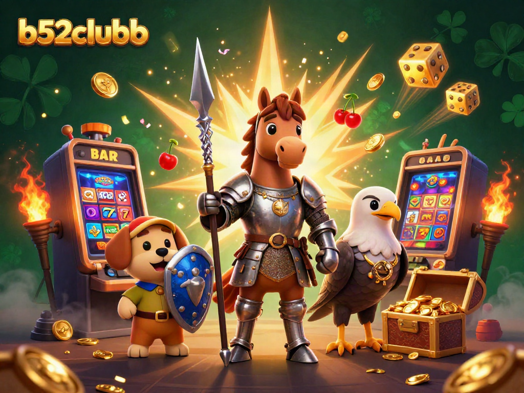 Experience the excitement of b52clubb with a vibrant scene of knights and gaming symbols exploding with prizes.