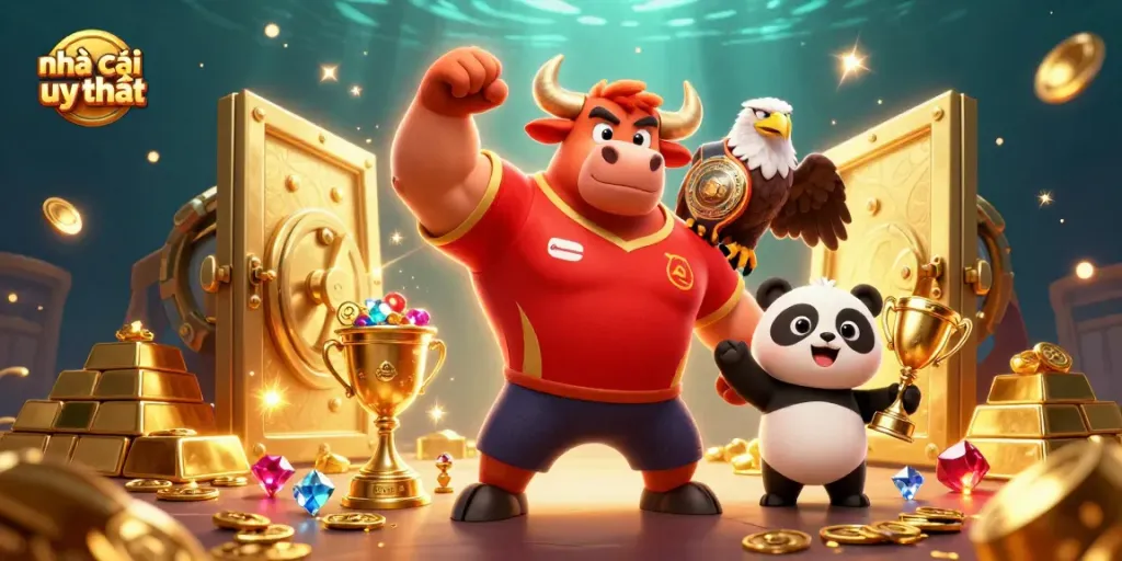 Experience the thrill of nhà cái uy tín with a bull mascot, eagle, and panda celebrating victory amidst treasures.