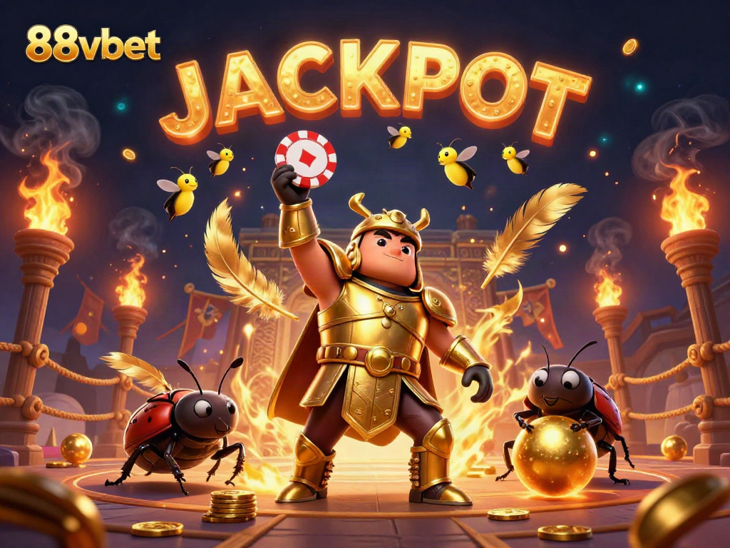 Engaging illustration of 88vbet featuring a hercules beetle in golden armor lifting a poker chip, with dynamic casino elements.