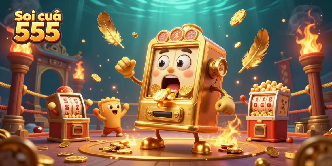 Soi cầu 555 showcases a golden slot machine celebrating its jackpot in an animated casino scene.