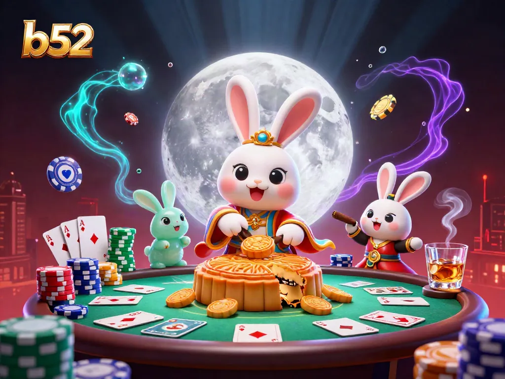 Bet on b52 with 3D moon rabbit characters enjoying poker in a vibrant casino.