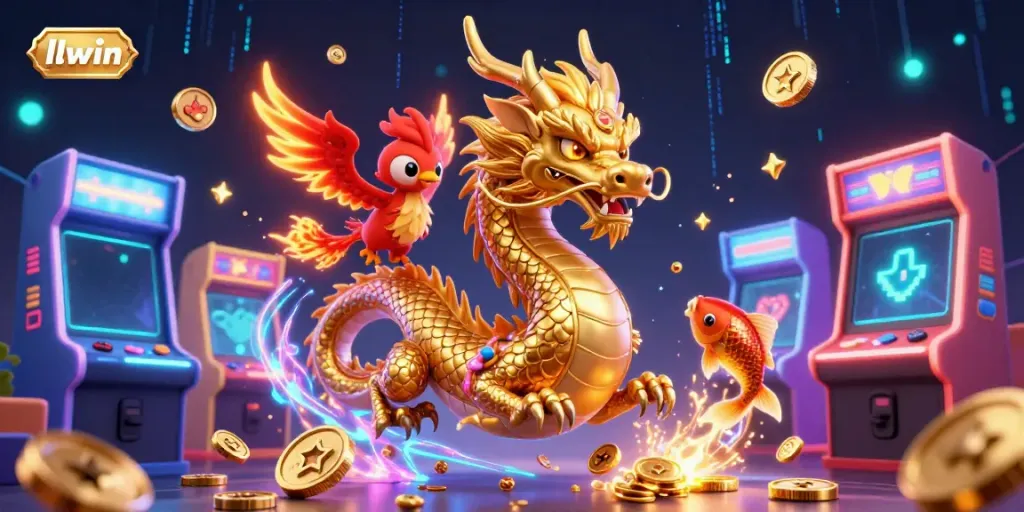 Experience thrilling gameplay at llwin with the dynamic scene featuring a Chinese dragon, phoenix, and koi fish amidst a vibrant casino environment.