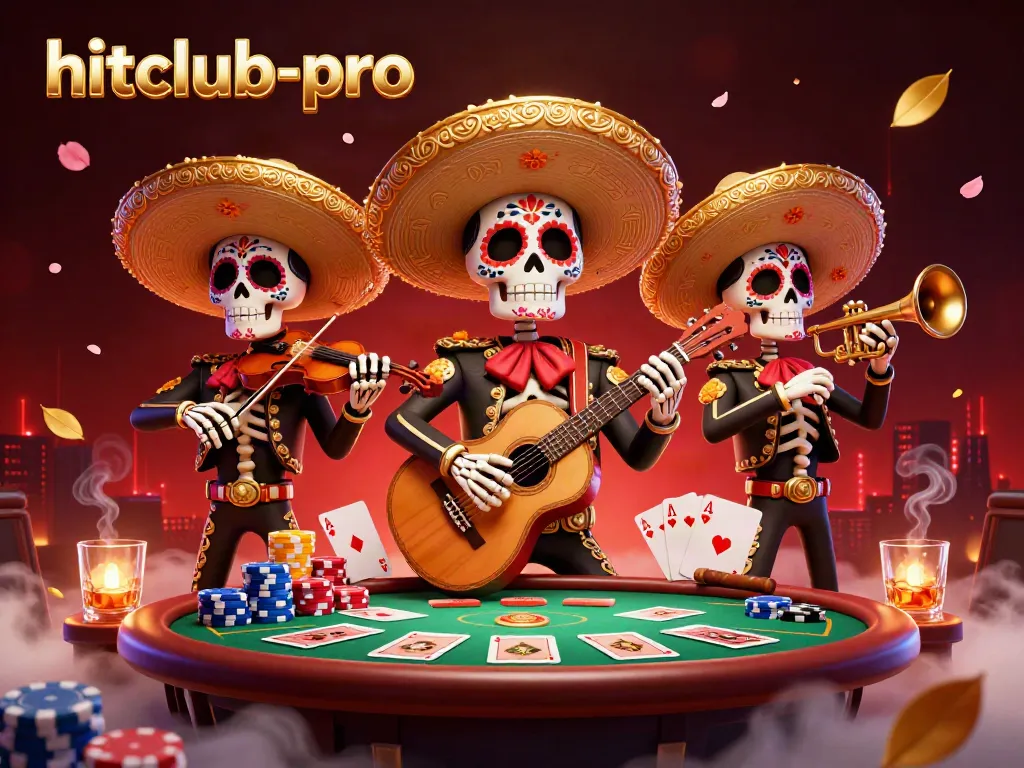Engaging hitclub-pro themed 3D illustration featuring mariachi skeletons at a poker table.