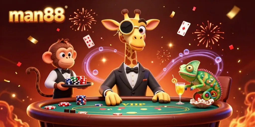Experience the excitement of man88 with a high-roller giraffe and glamorous casino scene.