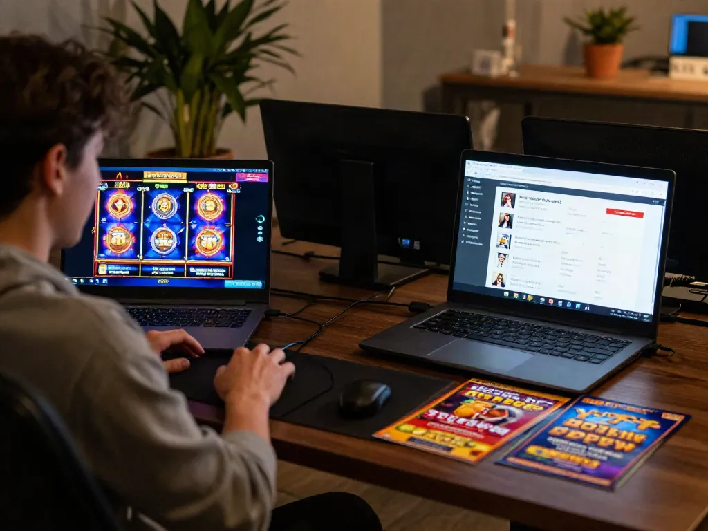 Player engaged in situs gacor with vibrant online slot games on laptop.