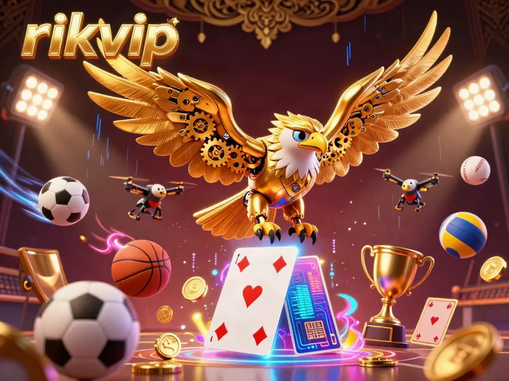 Experience the thrill of rikvip with a dynamic scene featuring a golden eagle, sports elements, and vibrant casino action.