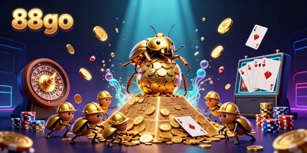 88go casino scene featuring a golden dung beetle rolling coins, with dynamic gambling elements.