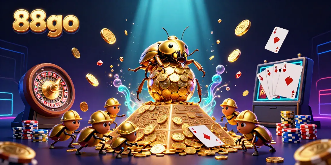 88go casino scene featuring a golden dung beetle rolling coins, with dynamic gambling elements.