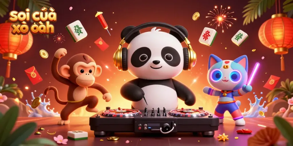 Engage with the latest soi cầu xổ số vibes through a vibrant DJ panda and its dynamic dance crew in a thrilling casino scene.