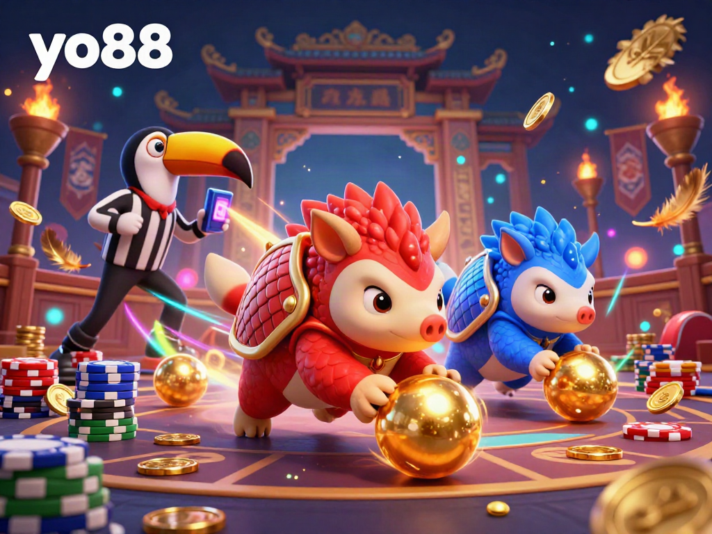 Experience the thrilling action of yo88 with rival pangolins competing amidst golden chips and casino excitement.