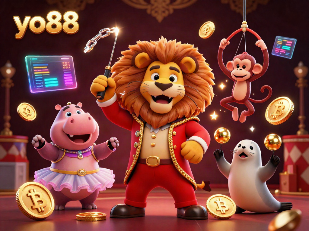 Experience the thrill of yo88 with vibrant characters and crypto elements in a dynamic casino scene.