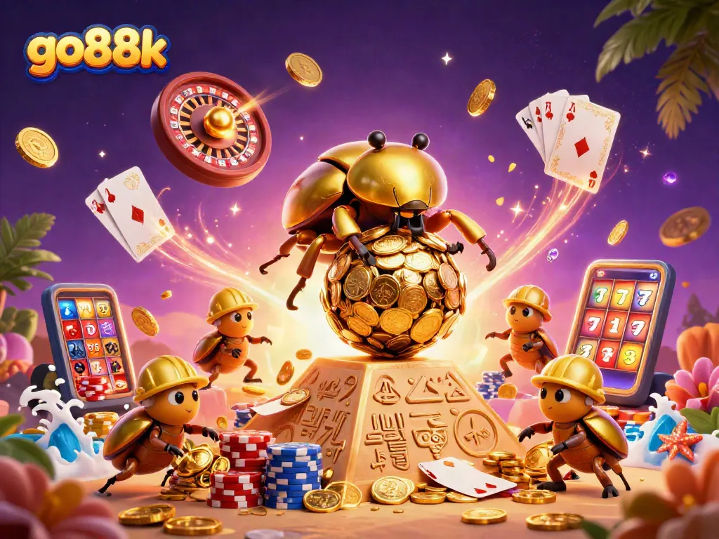Engage with go88k featuring a golden dung beetle in a dynamic casino world filled with coins and jewels.