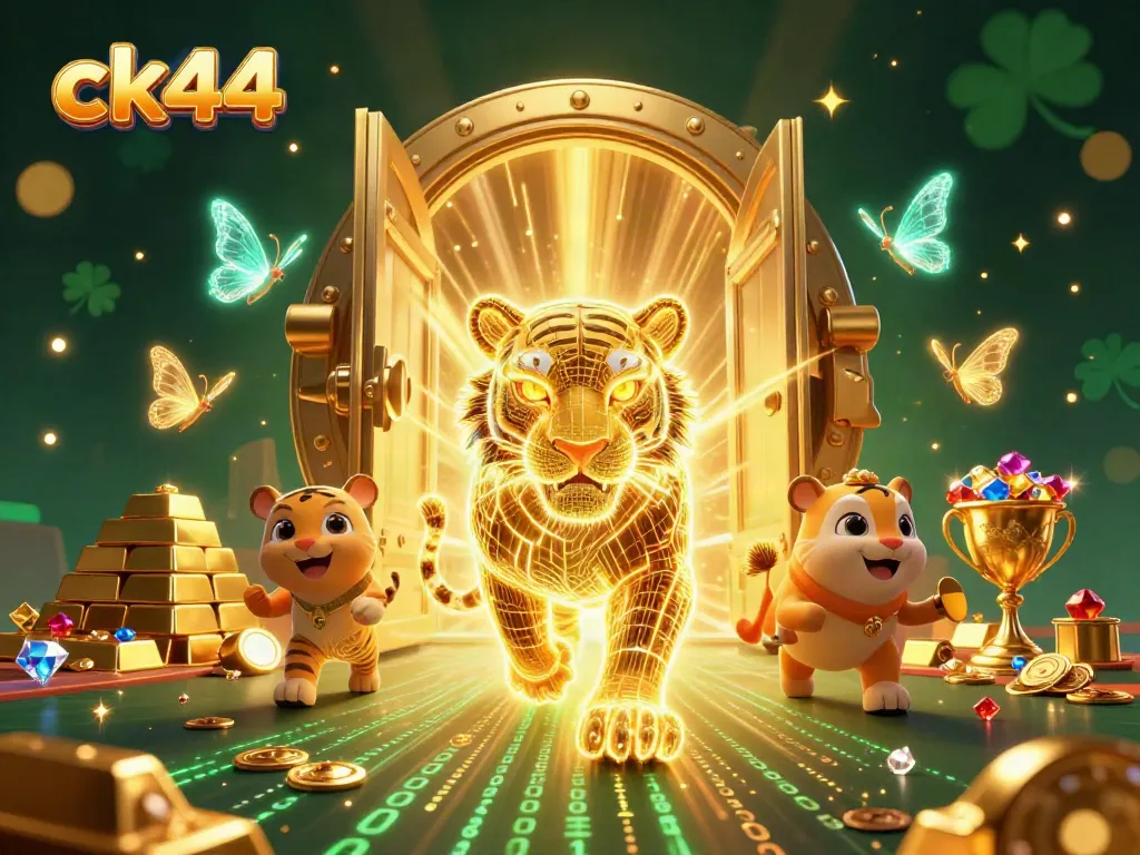 Experience the thrill of ck44 with a neon-wireframe tiger amid a vibrant digital casino.
