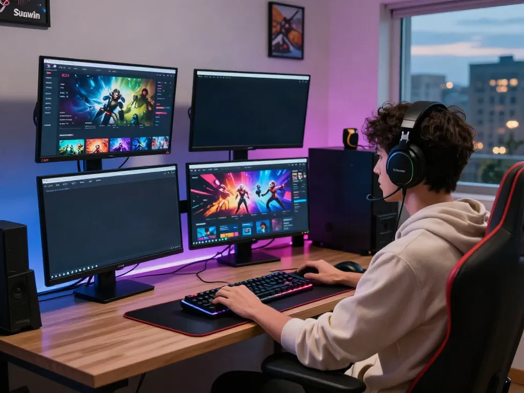 Engaged player enjoying Sunwin gaming platform at a stylish desk, showcasing immersive online gaming.