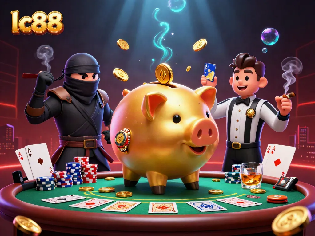 lc88 brings excitement to online gambling with dynamic characters and detailed casino elements in a vibrant illustration.