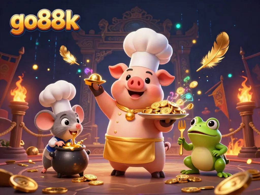 Experience the excitement of go88k with a chef pig, a gold-tasting mouse, and a frog critic in a dynamic casino scene.