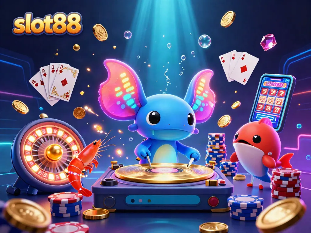 Experience excitement at slot88 with vibrant scenes of an axolotl DJ mixing golden coins and jackpots!