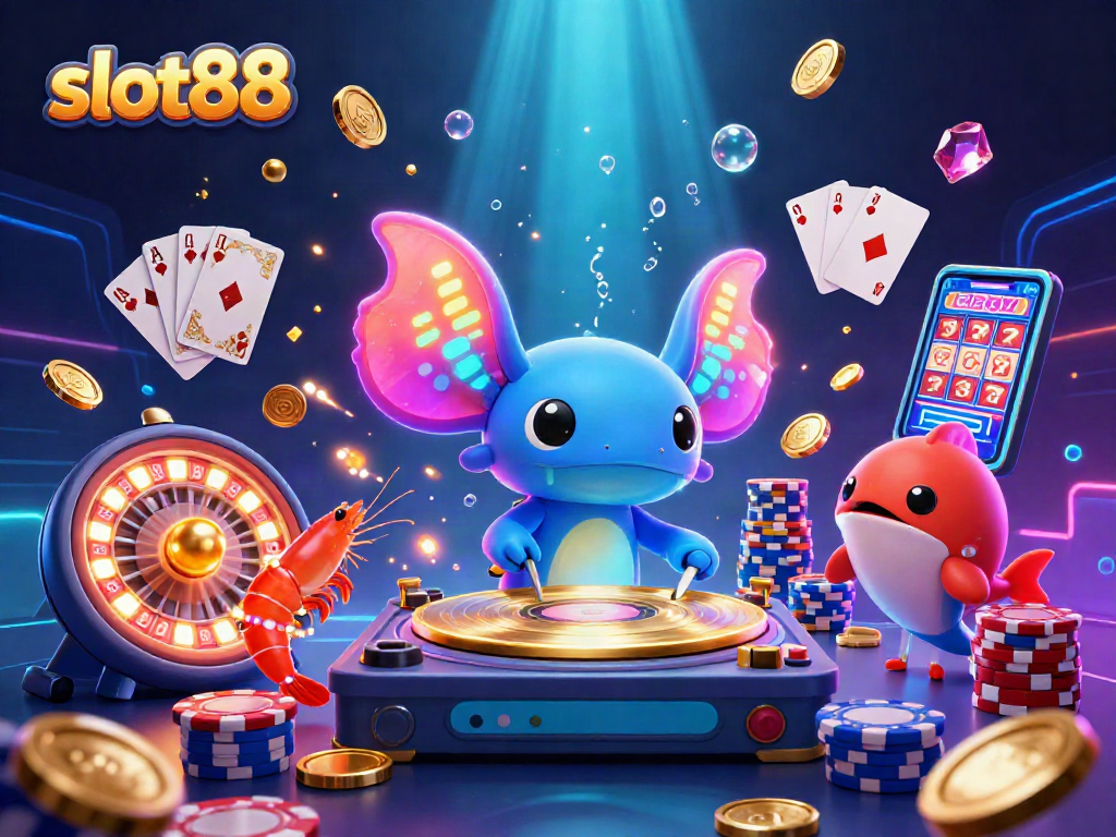 Experience excitement at slot88 with vibrant scenes of an axolotl DJ mixing golden coins and jackpots!