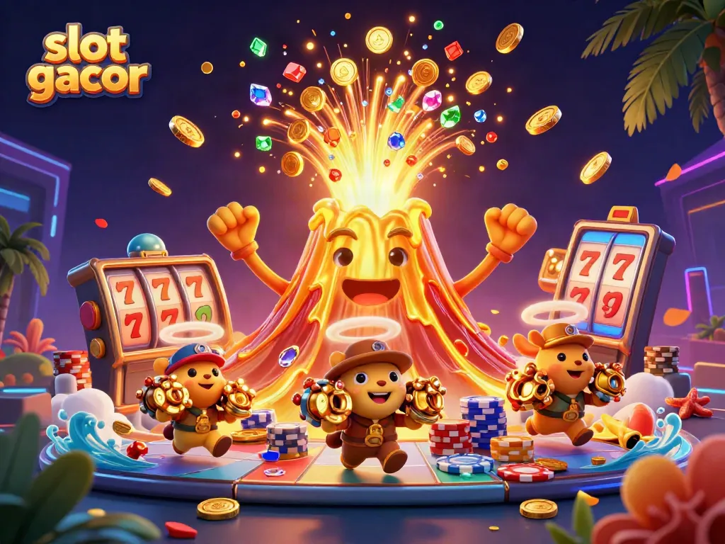 Spin slot gacor reels amidst cascading coins and gems in a vibrant casino scene.