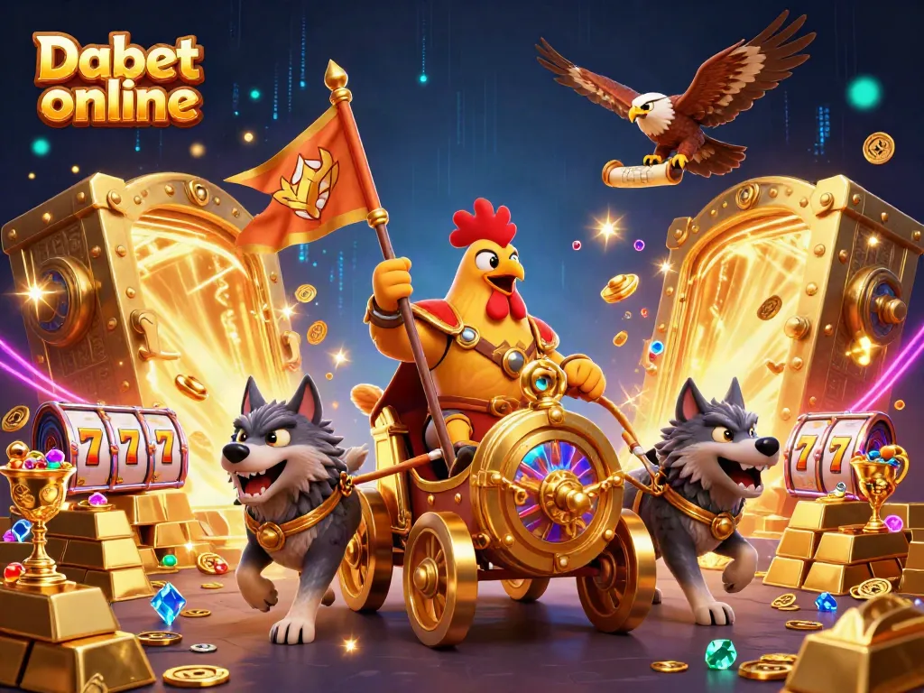 Join the excitement at Dabet online with a dynamic scene of a rooster warlord amid casino treasures.