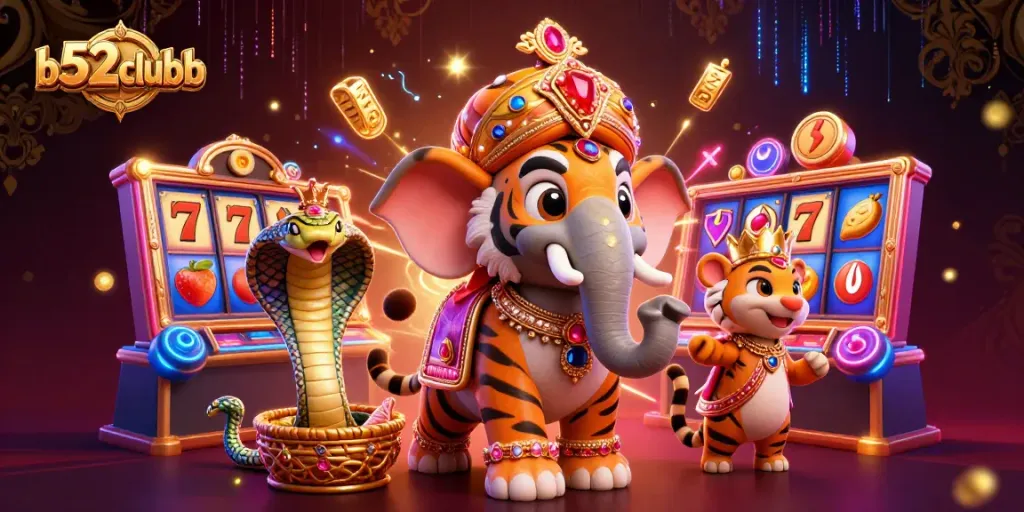 B52clubb showcases a vibrant casino scene with a cartoon maharaja tiger and its elephant amidst slot machines.