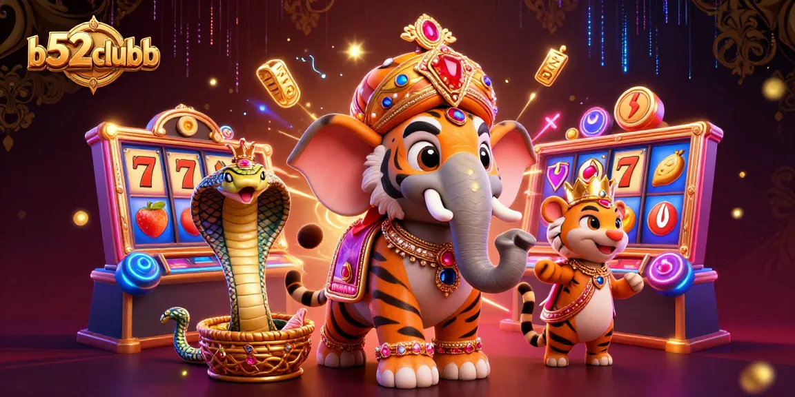 B52clubb showcases a vibrant casino scene with a cartoon maharaja tiger and its elephant amidst slot machines.